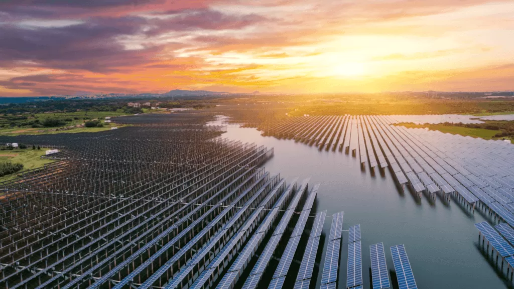Solar panels above water in country side