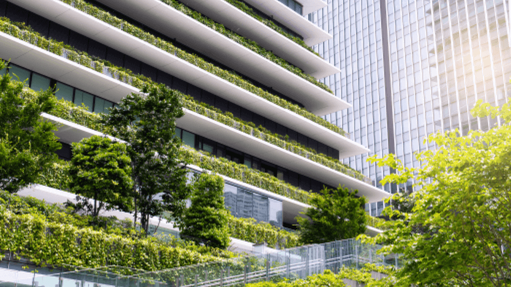 white building with lots of green growing from it